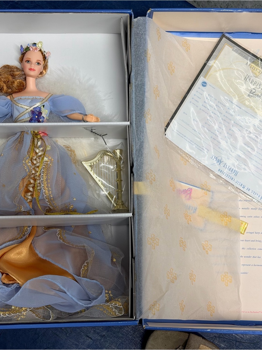 Mattel Lavender and Gold Collector Doll Display Box with Harp Accessory